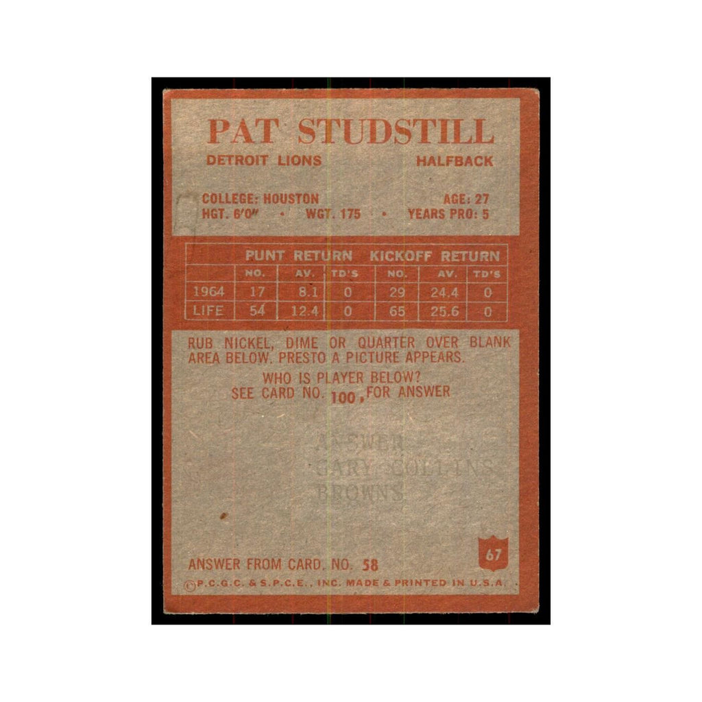 1965 Philadelphia Pat Studstill Football Cards #67