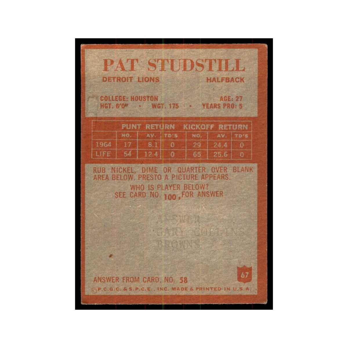 1965 Philadelphia Pat Studstill Football Cards #67