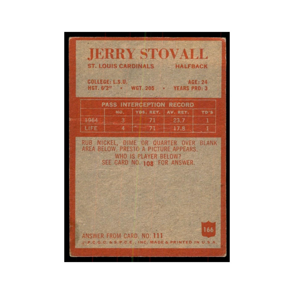 1965 Philadelphia Jerry Stovall Football Cards #166