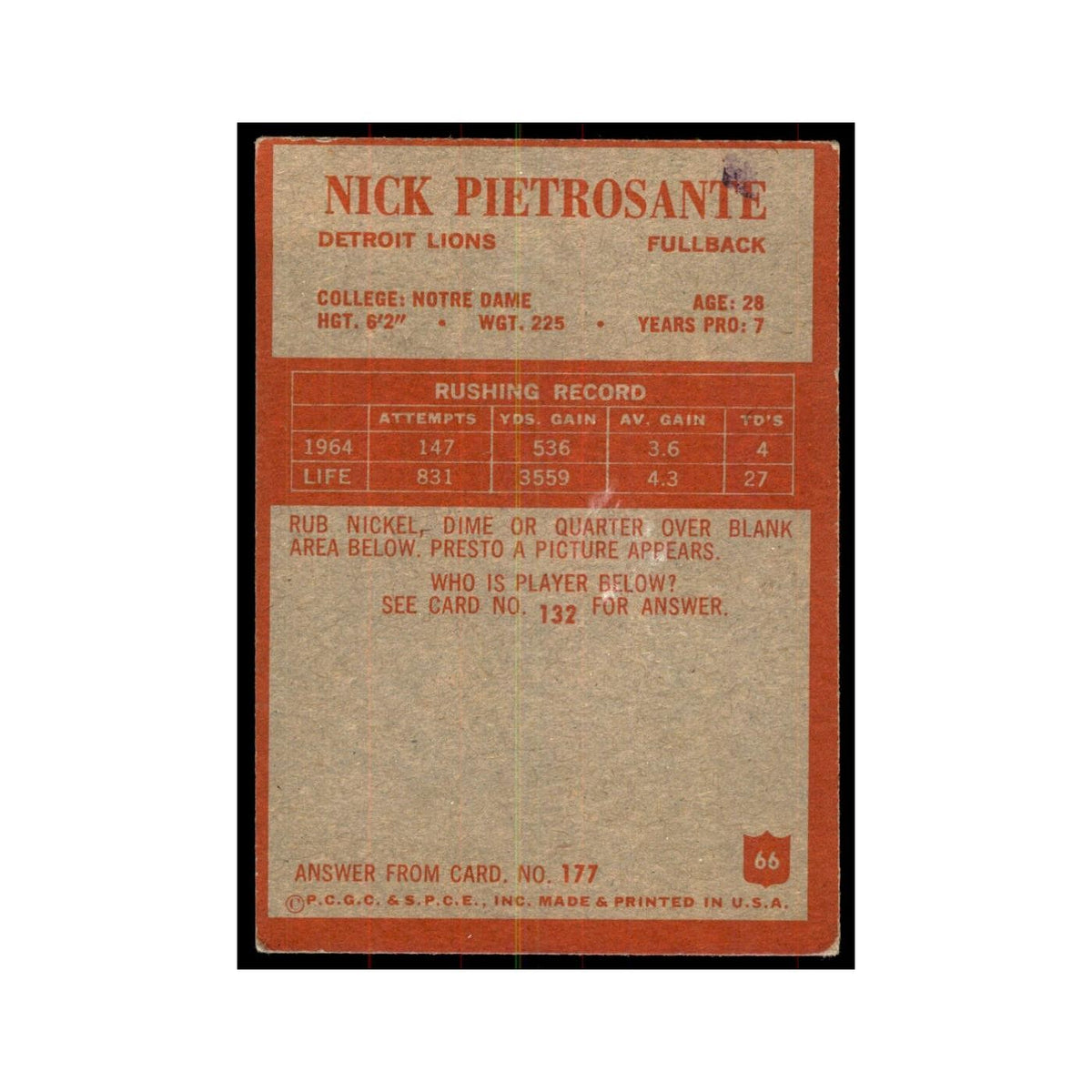 1965 Philadelphia Nick Pietrosante Football Cards #66