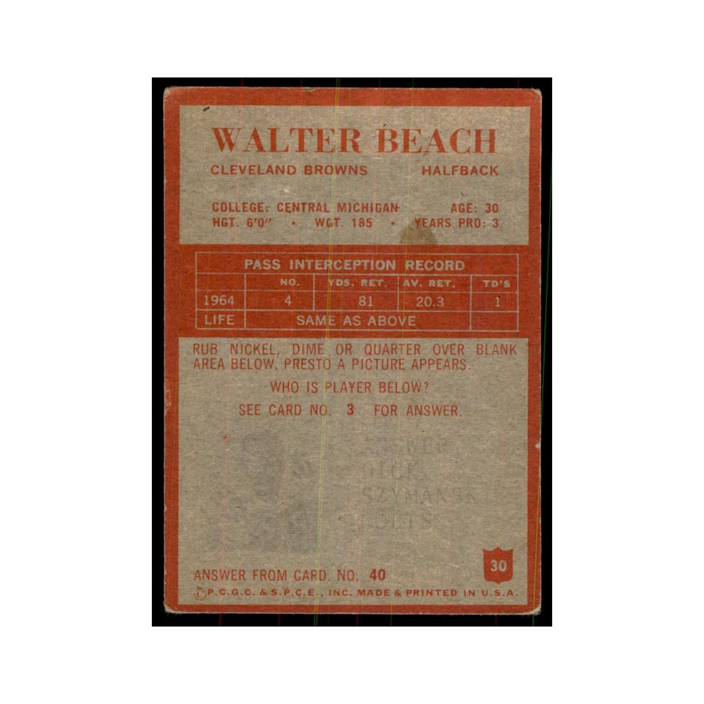 1965 Philadelphia Walter Beach Football Cards #30