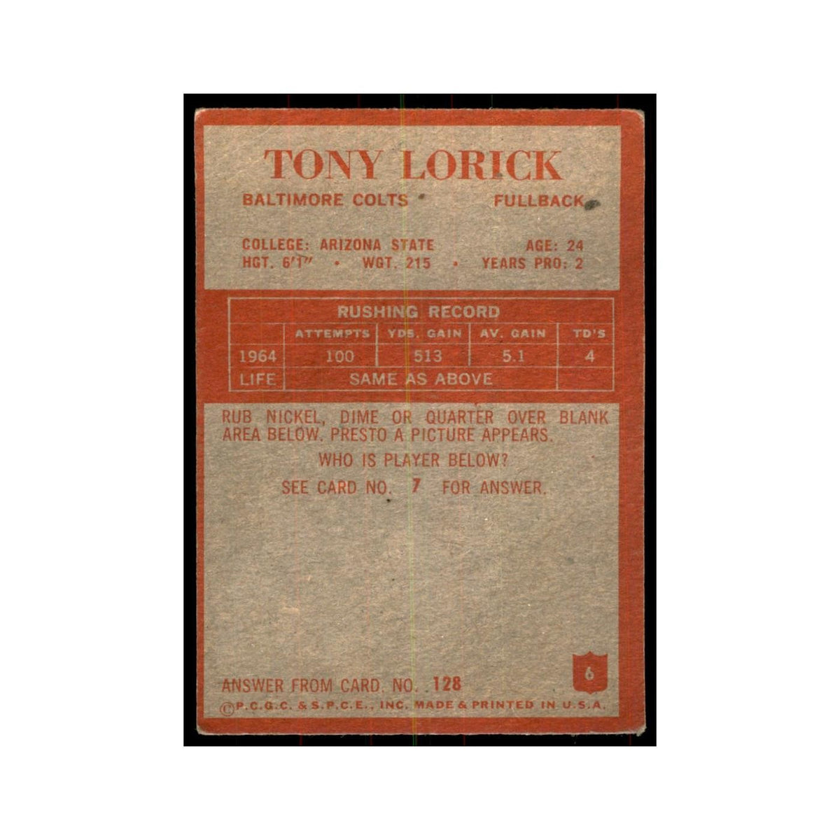 1965 Philadelphia Tony Lorick Football Cards #6