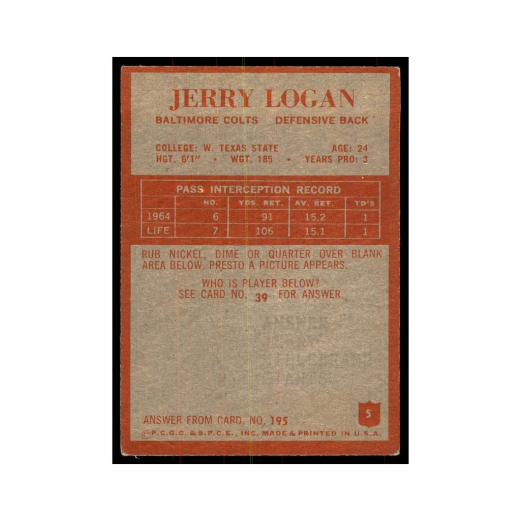 1965 Philadelphia Jerry Logan Football Cards #5
