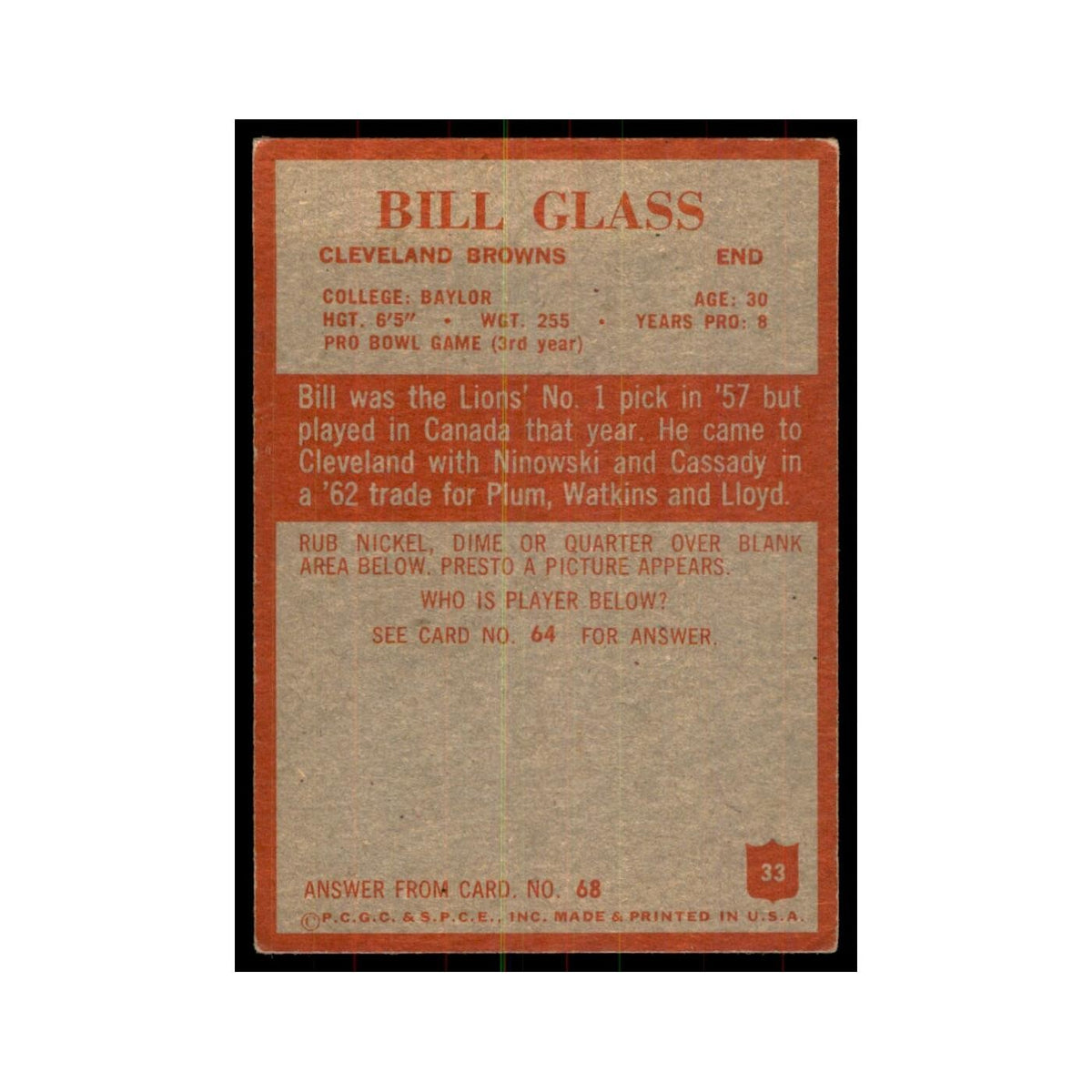 1965 Philadelphia Bill Glass Football Cards #33