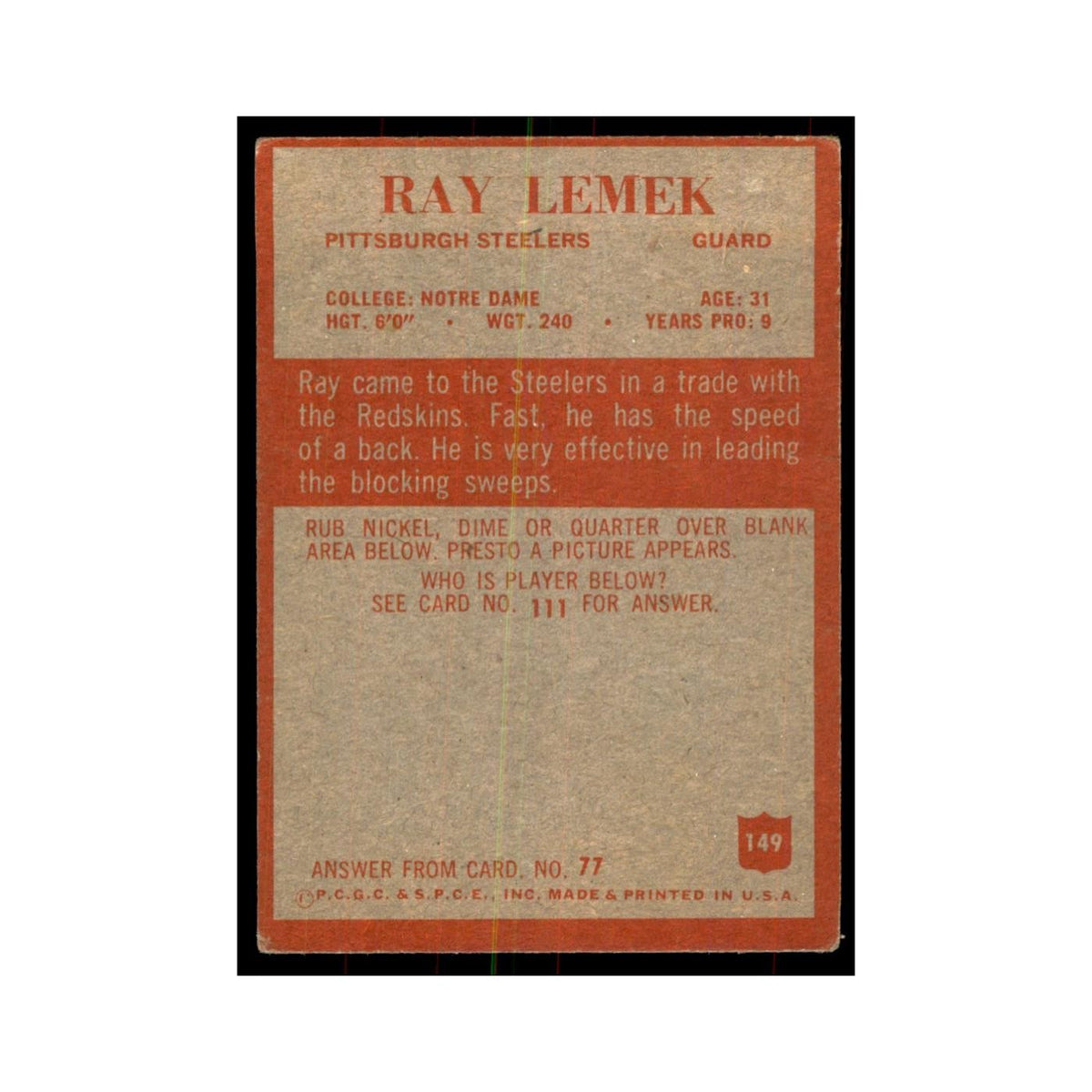 1965 Philadelphia Ray Lemek Football Cards #149