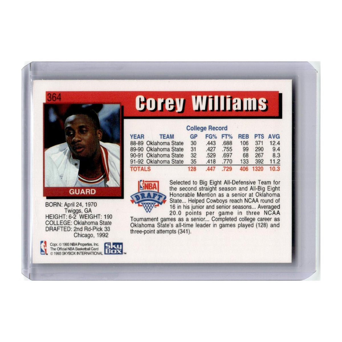 Corey Williams 1992 Hoops #364 Chicago Bulls Basketball Card NM