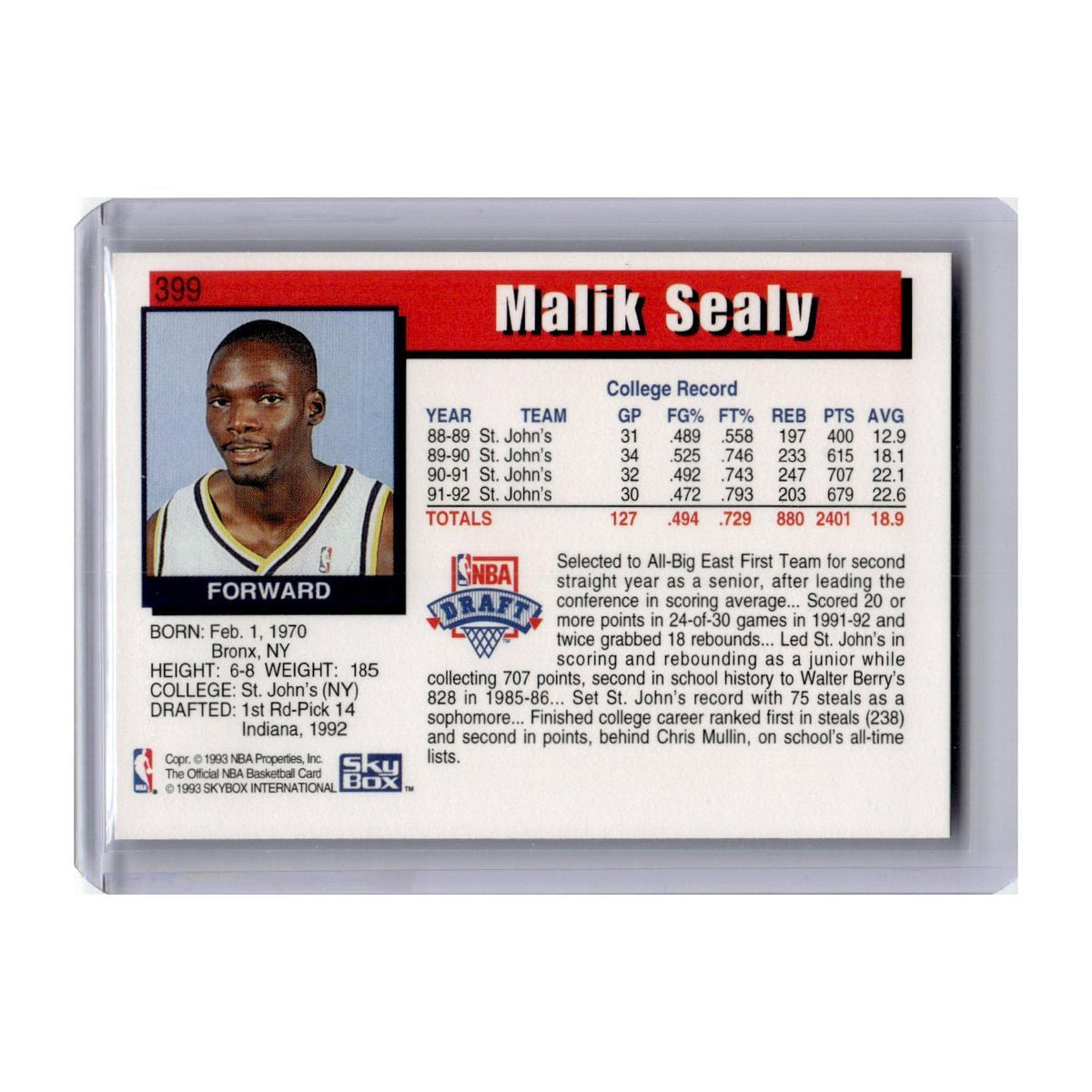 Malik Sealy 1992 Hoops #399 Indiana Pacers Basketball Card NM