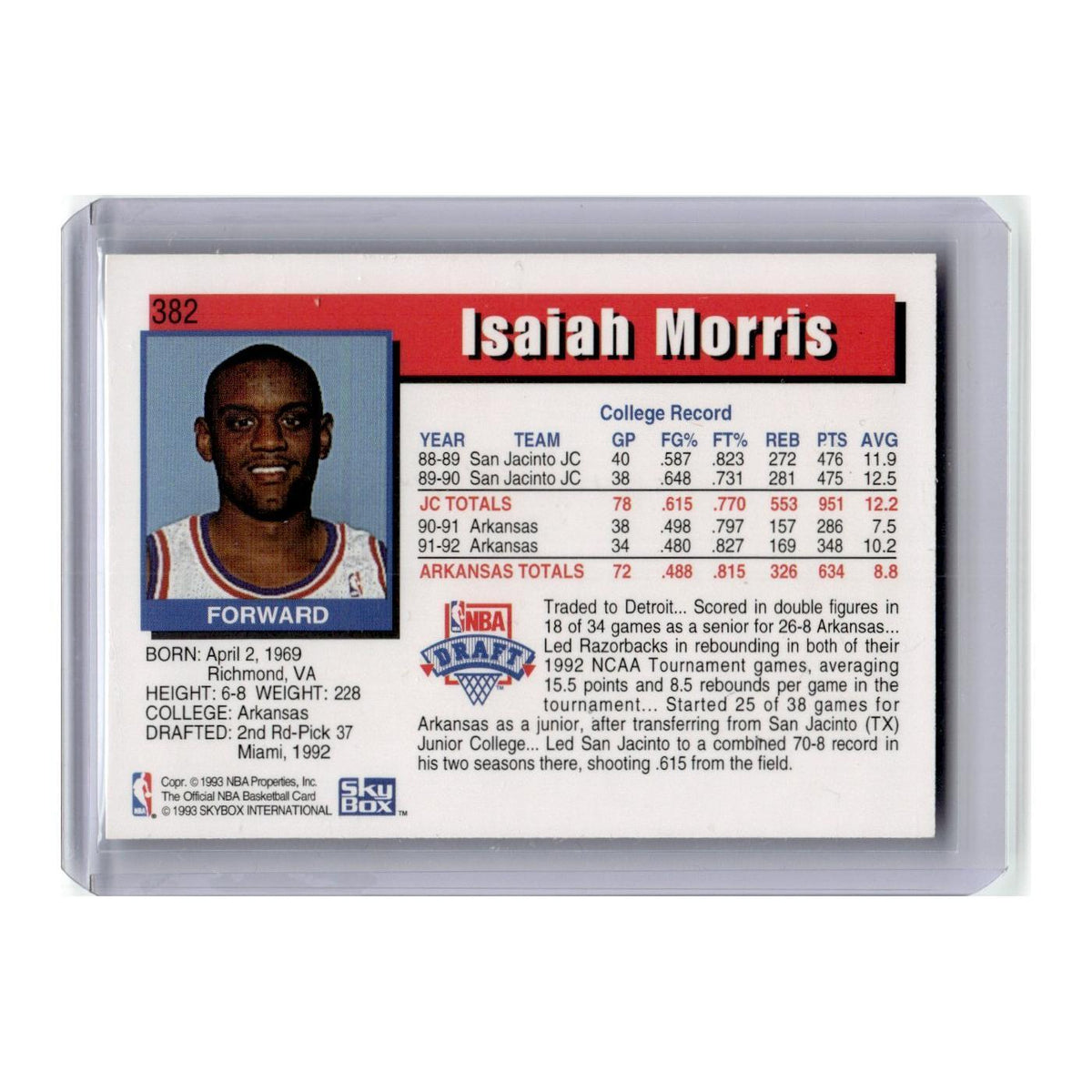 Isaiah Morris 1992 Hoops #382 Detroit Pistons Basketball Card NM