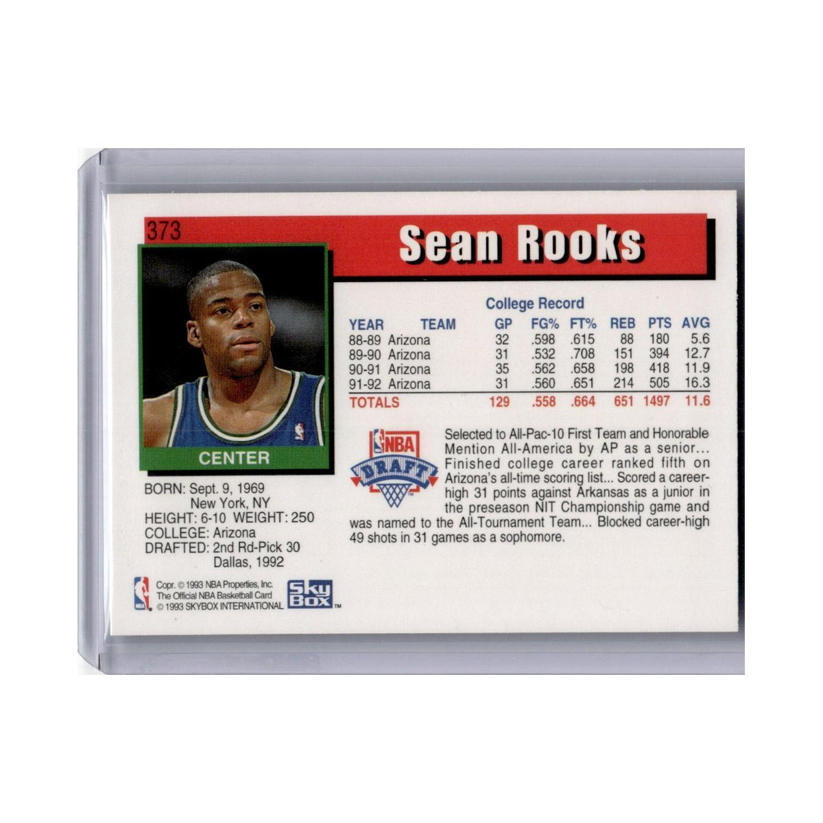 Sean Rooks 1992 Hoops #373 Dallas Mavericks Basketball Card NM