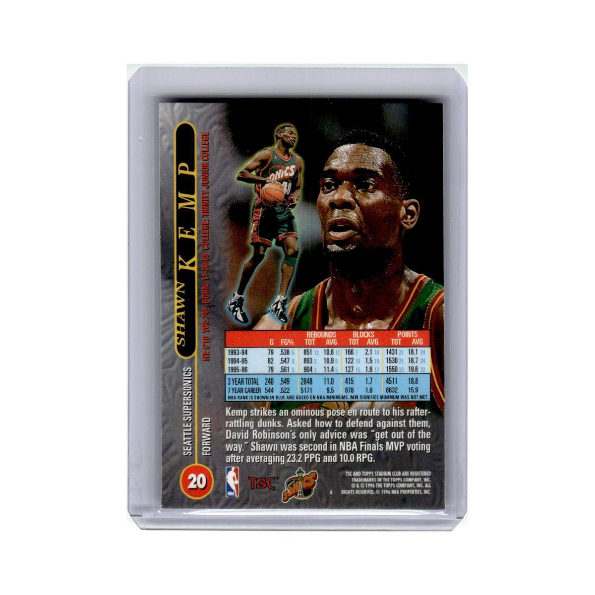Shawn Kemp 1996 Stadium Club #20 Seattle SuperSonics Basketball Card NM