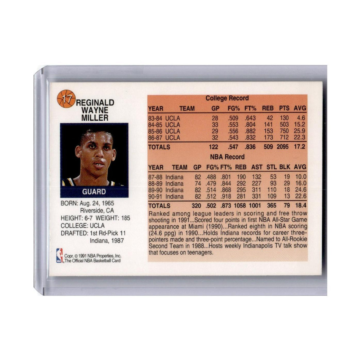 Reggie Miller 1991 Hoops #17 Indiana Pacers Basketball Card NM