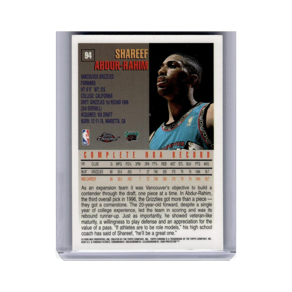 Shareef Abdur-Rahim 1997 Topps Chrome #94 Vancouver Grizzlies Basketball Card NM