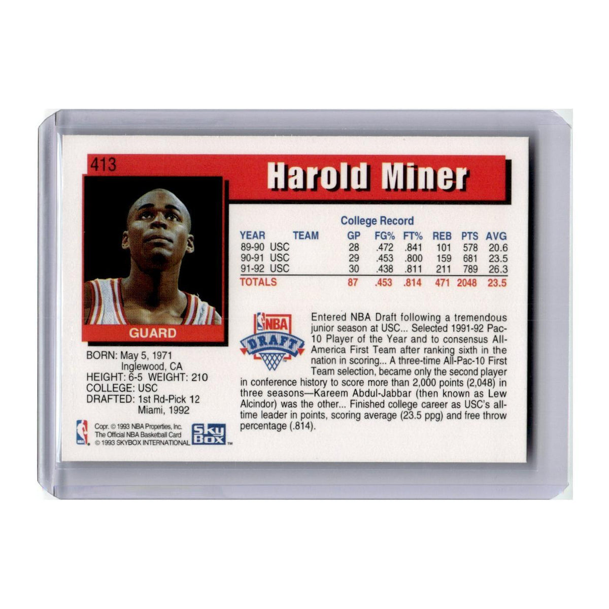 Harold Miner 1992 Hoops #413 Miami Heat Basketball Card NM