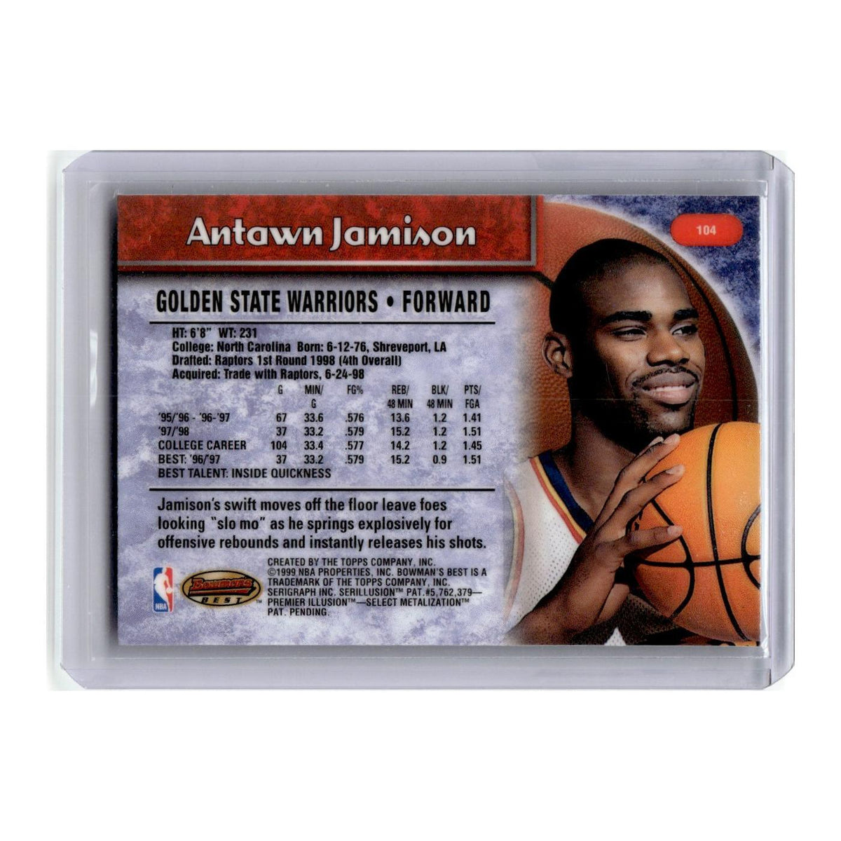 Antawn Jamison 1998 Bowman's Best #104 Golden State Warriors Basketball Card NM