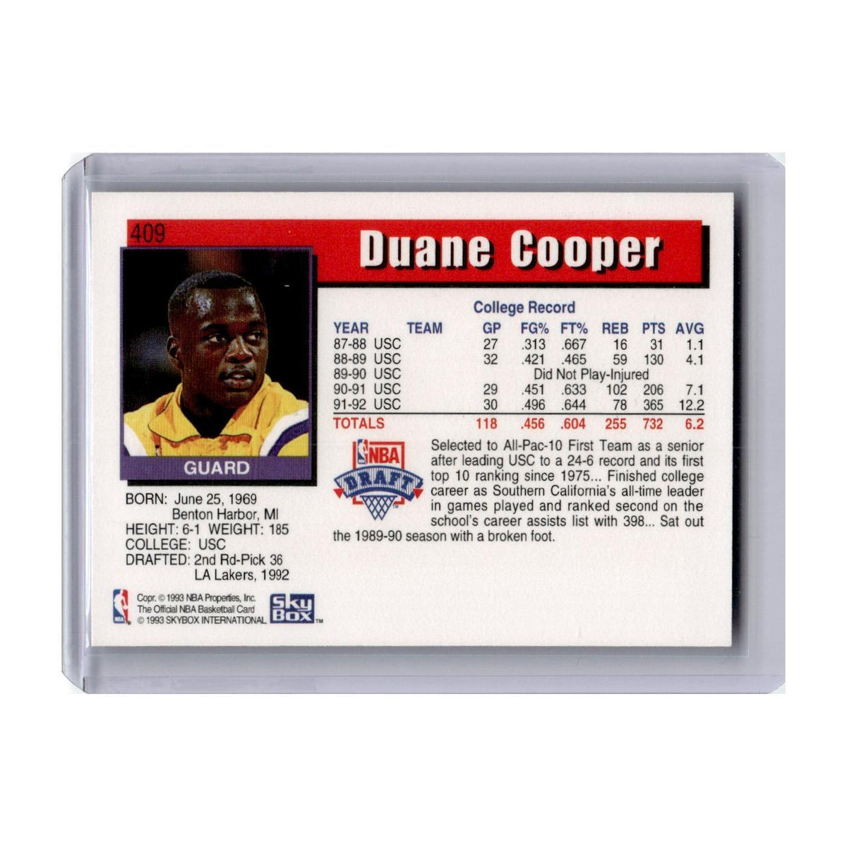 Duane Cooper 1992 Hoops #409 Los Angeles Lakers Basketball Card NM
