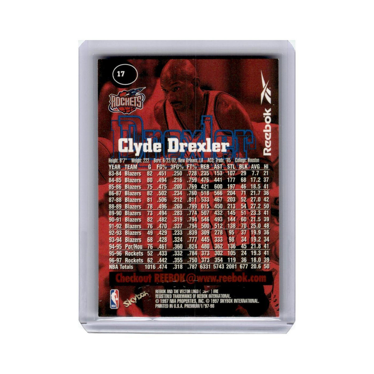Clyde Drexler 1997 SkyBox Premium #17 Houston Rockets Basketball Card NM