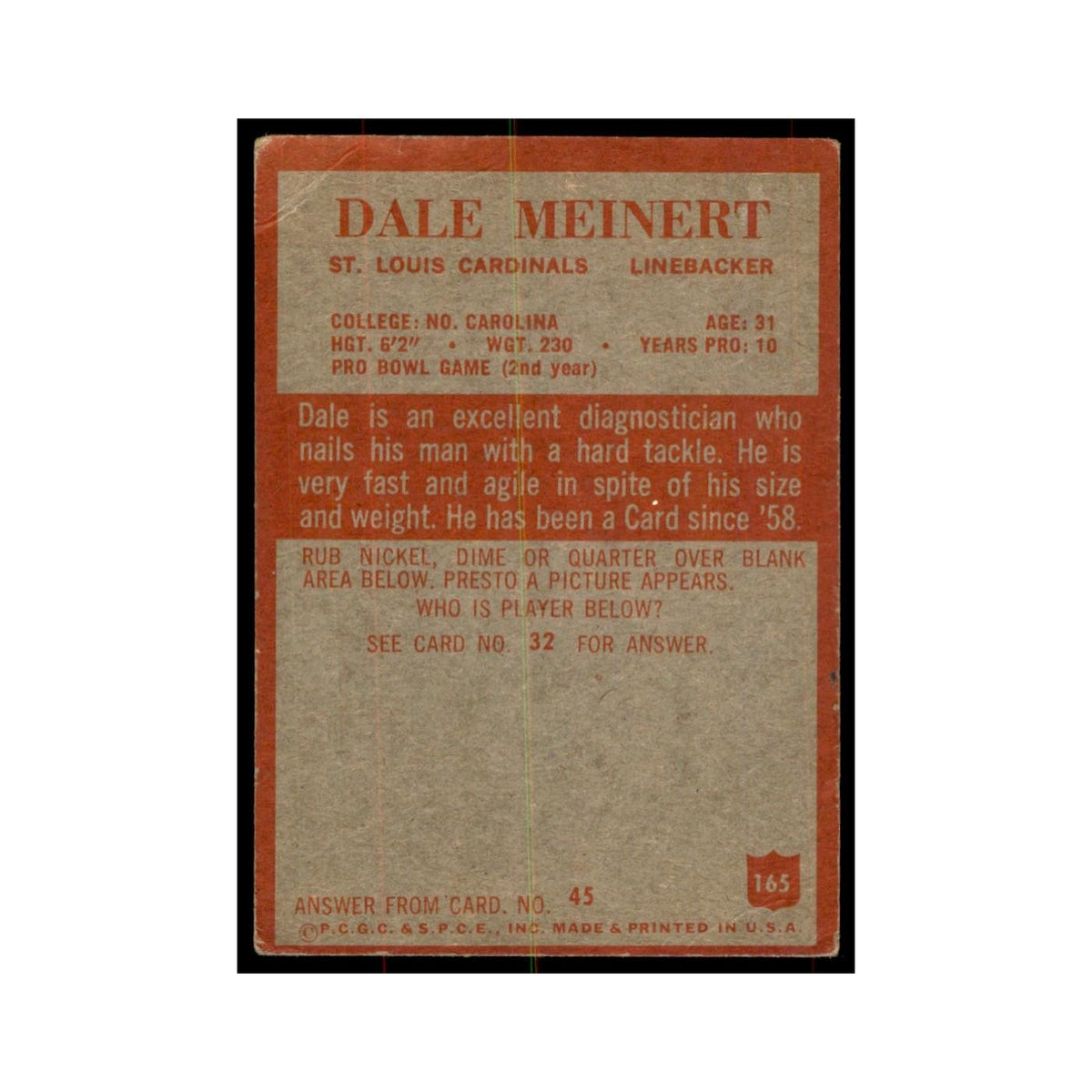 1965 Philadelphia (damaged) Dale Meinert Football Cards #165