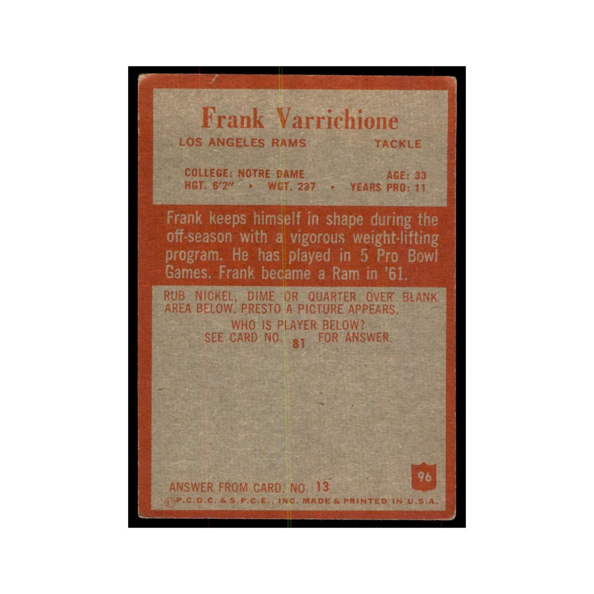 1965 Philadelphia (damaged) Frank Varrichione Football Cards #96