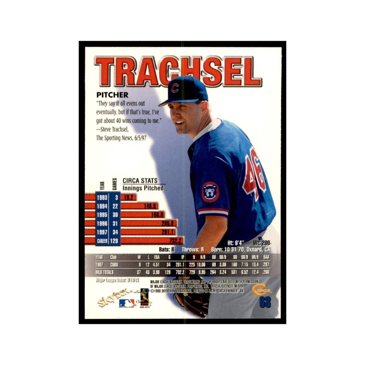 1998 Skybox Thunder Steve Trachsel Baseball Cards #68