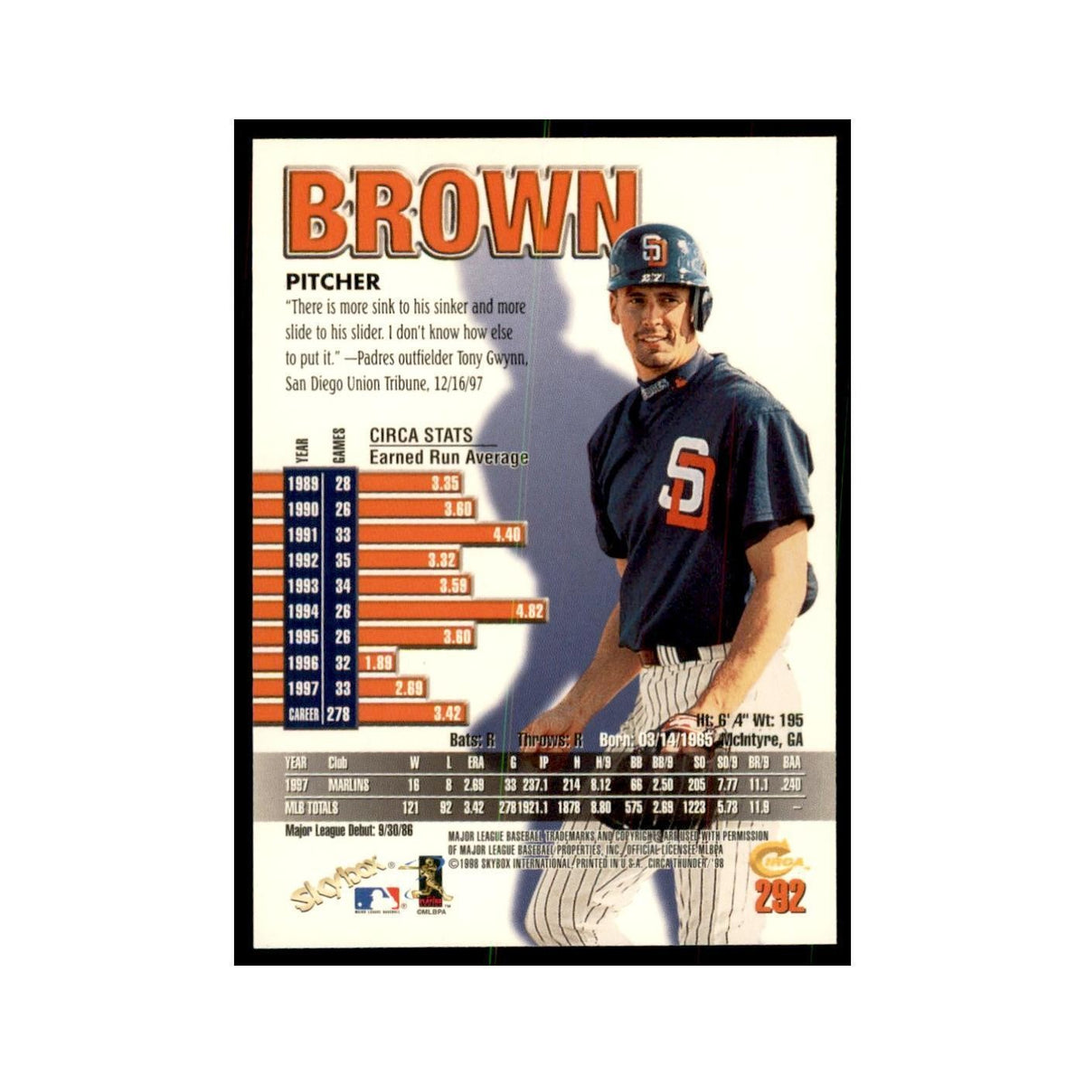 1998 Skybox Thunder Kevin Brown Baseball Cards #282