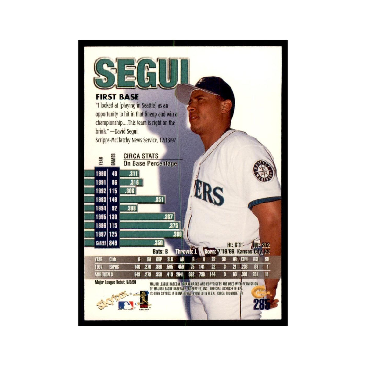 1998 Skybox Thunder David Segui Baseball Cards #285
