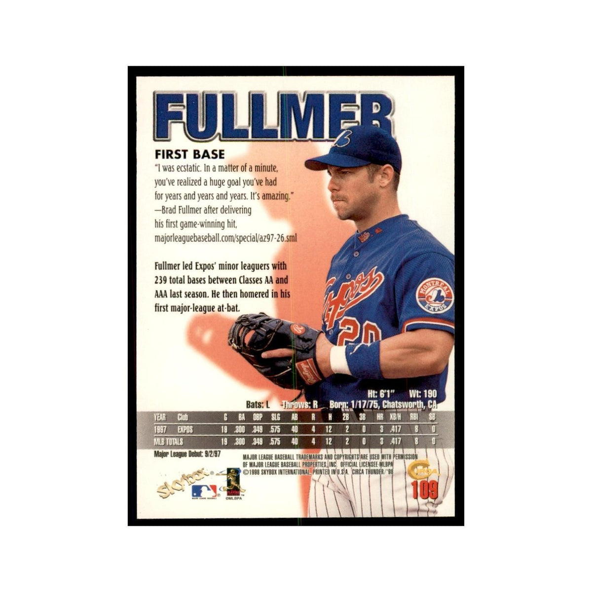 1998 Skybox Thunder Brad Fullmer Baseball Cards #109