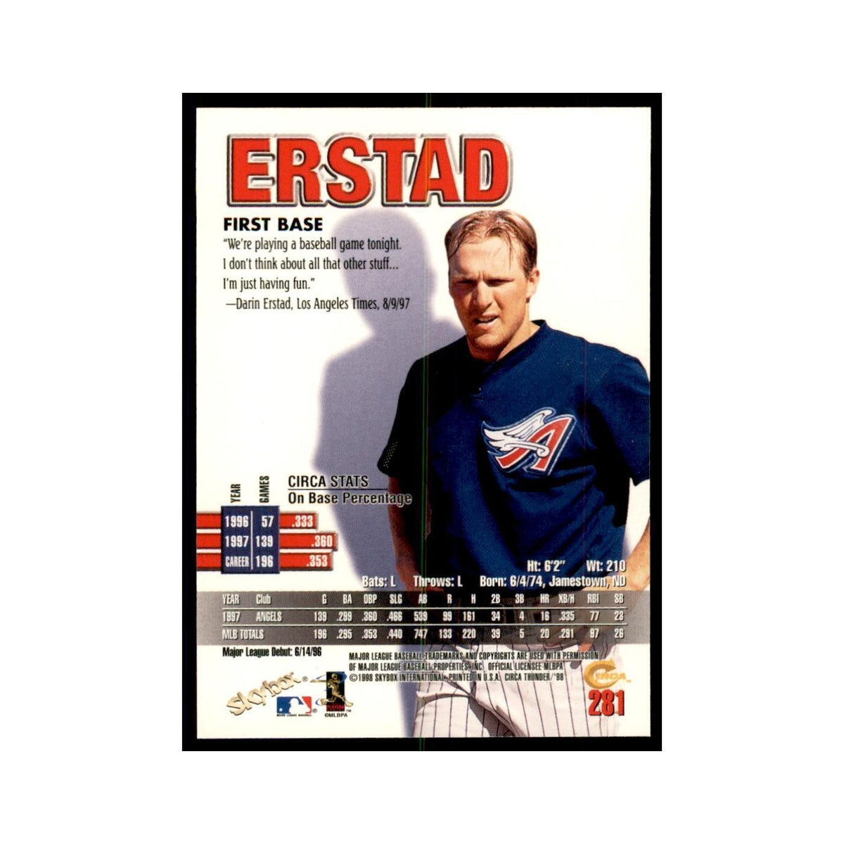 1998 Skybox Thunder Darin Erstad Baseball Cards #281