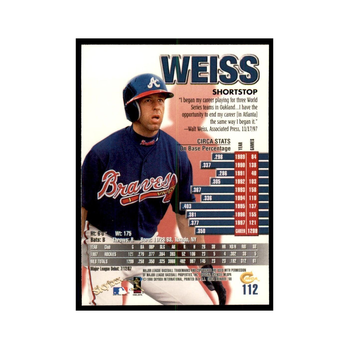 1998 Skybox Thunder Walt Weiss Baseball Cards #112