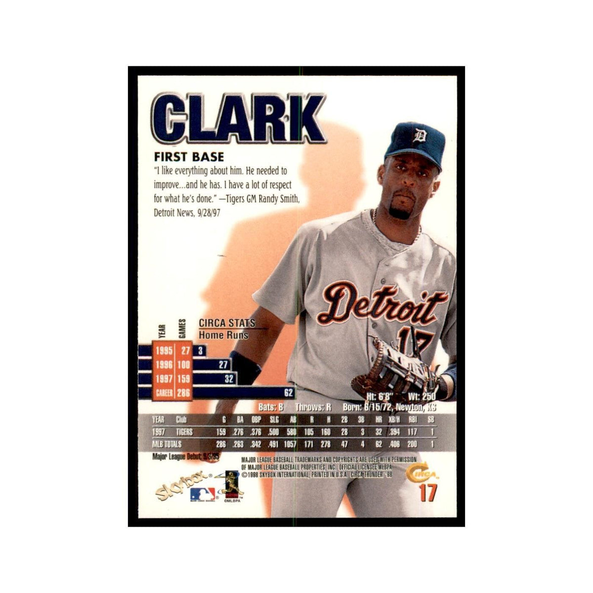 1998 Skybox Thunder Tony Clark Baseball Cards #17