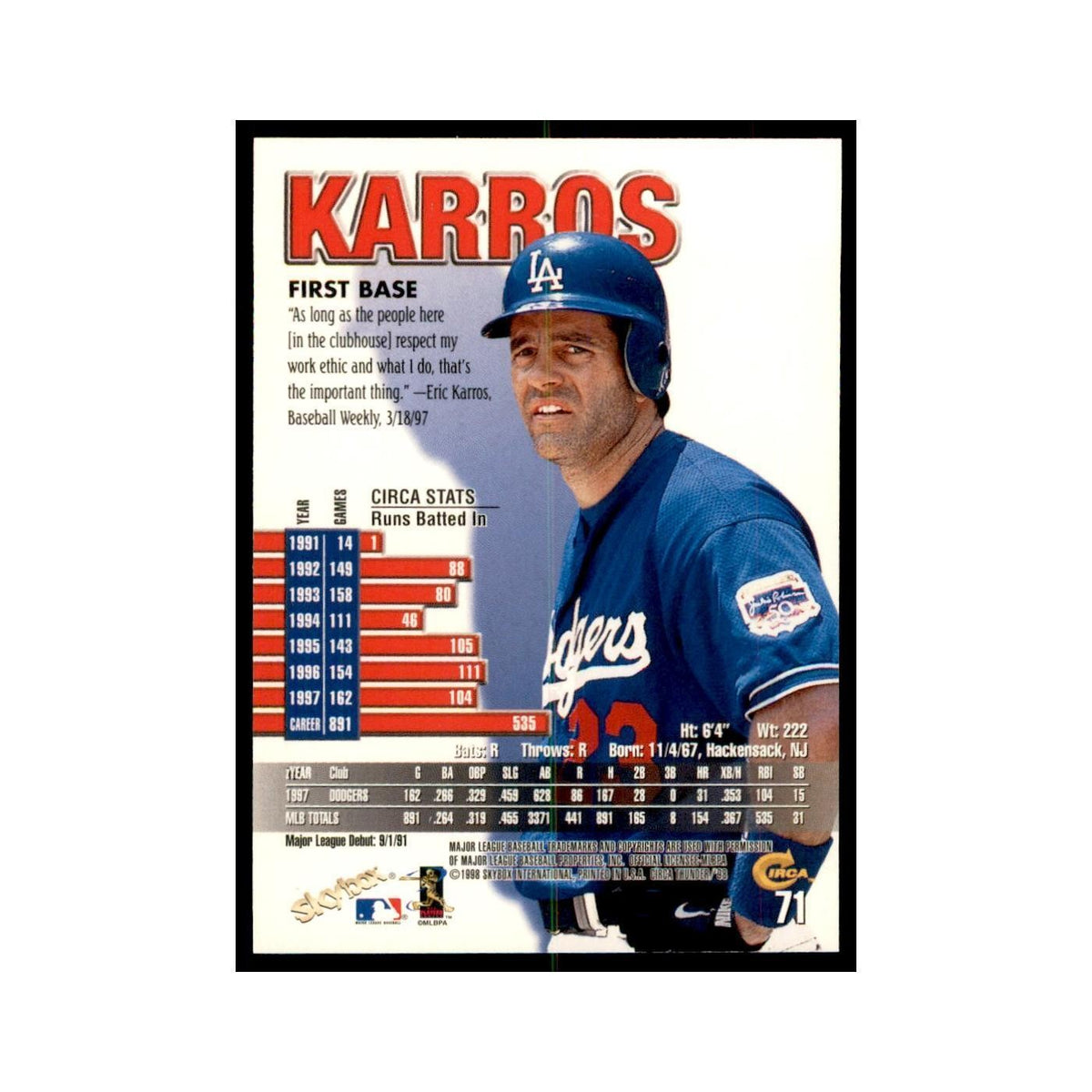 1998 Skybox Thunder Eric Karros Baseball Cards #71