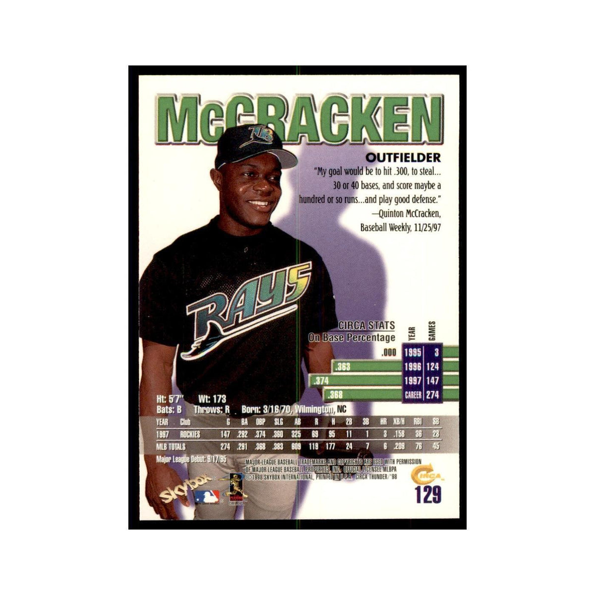 1998 Skybox Thunder Quinton McCracken Baseball Cards #129
