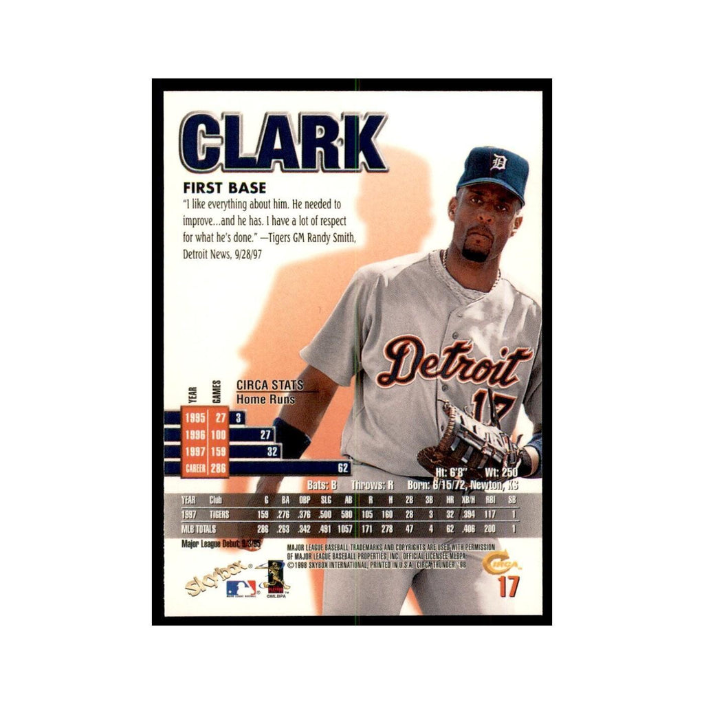 1998 Skybox Thunder Tony Clark Baseball Cards #17