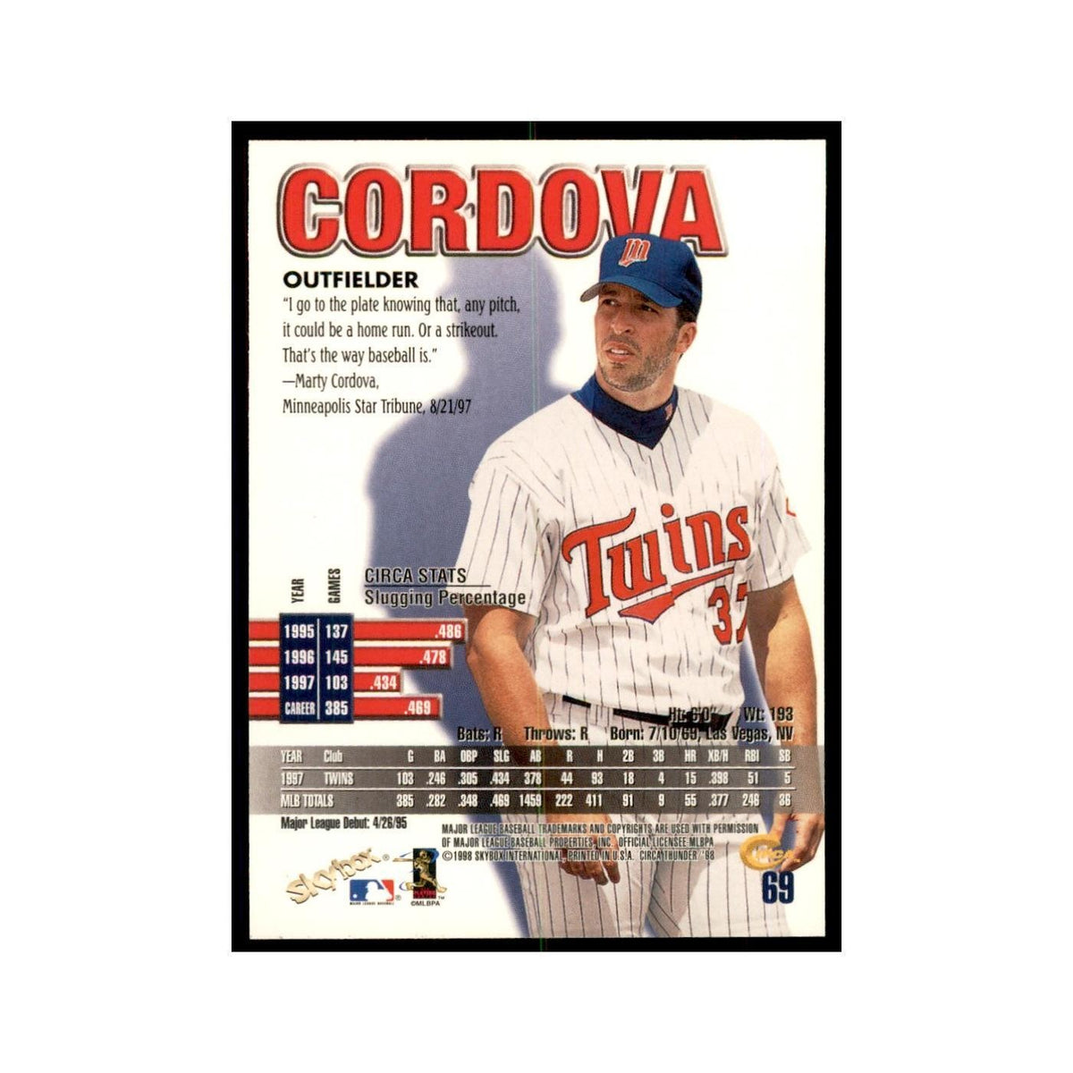 1998 Skybox Thunder Marty Cordova Baseball Cards #69