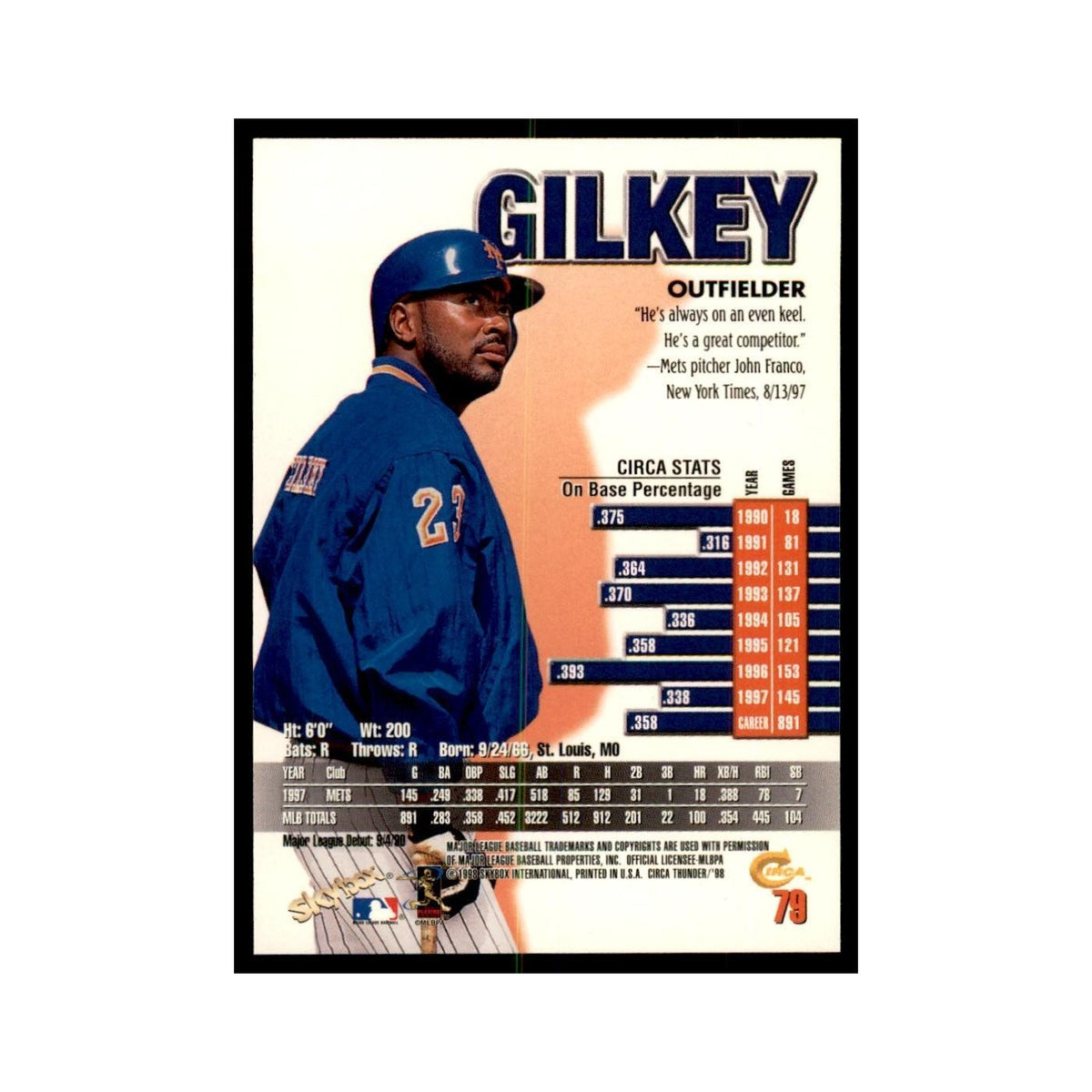 1998 Skybox Thunder Bernard Gilkey Baseball Cards #79