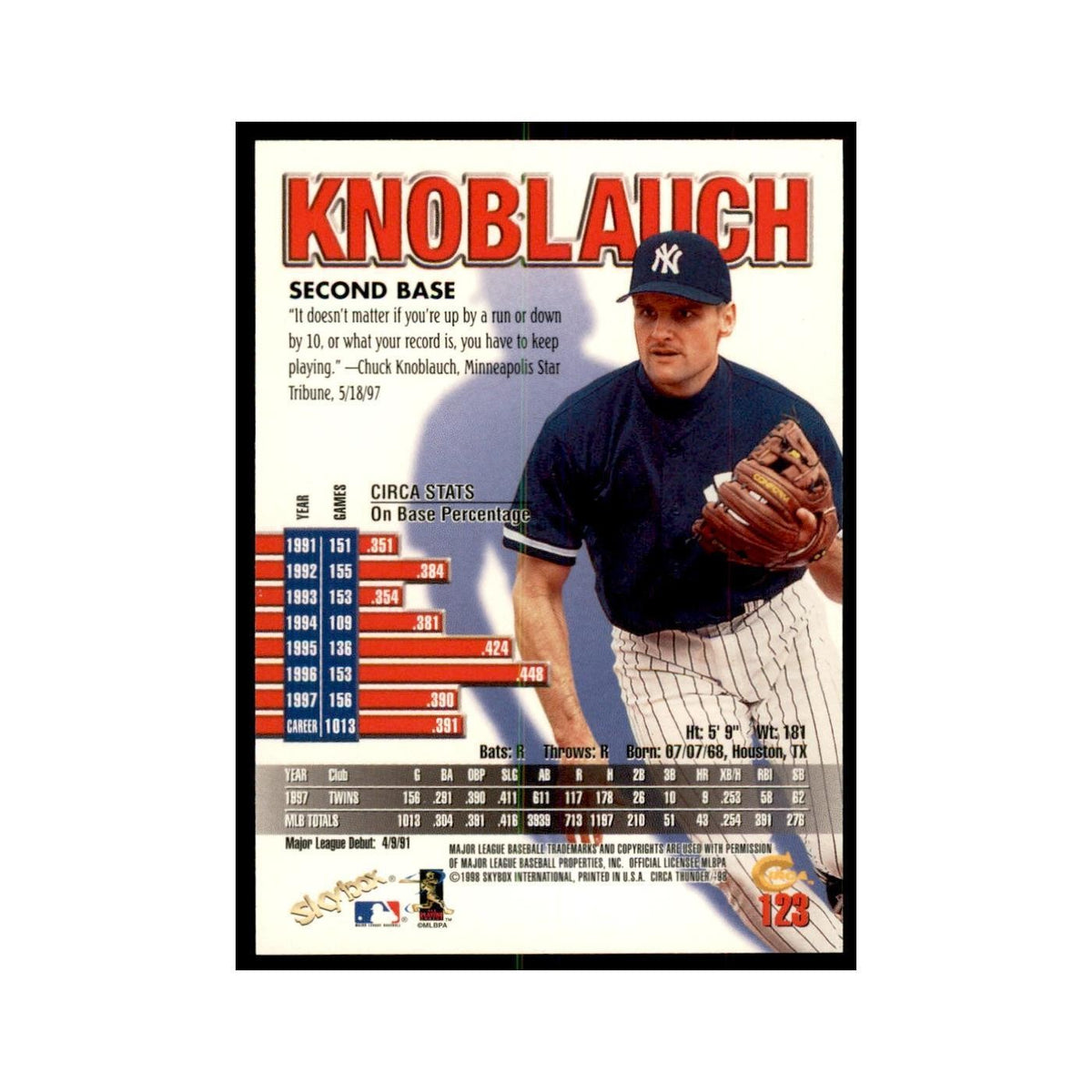 1998 Skybox Thunder Chuck Knoblauch Baseball Cards #123