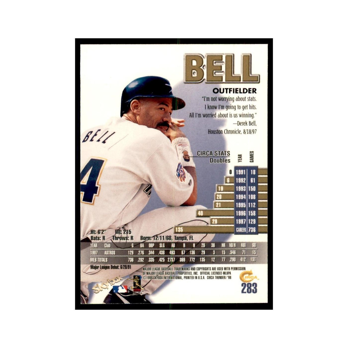 1998 Skybox Thunder Derek Bell Baseball Cards #283