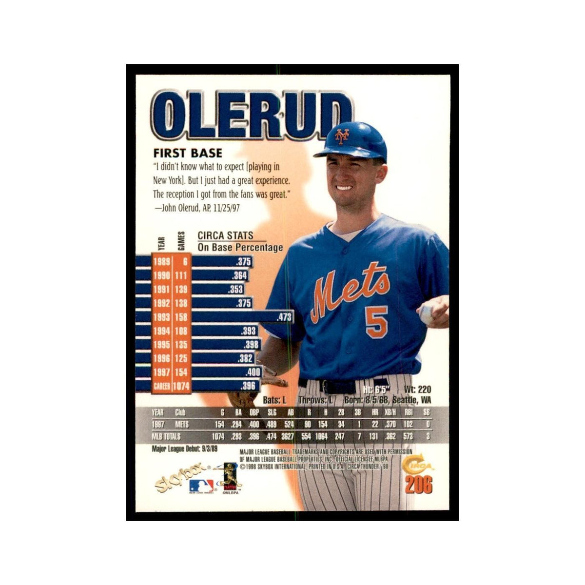 1998 Skybox Thunder John Olerud Baseball Cards #206