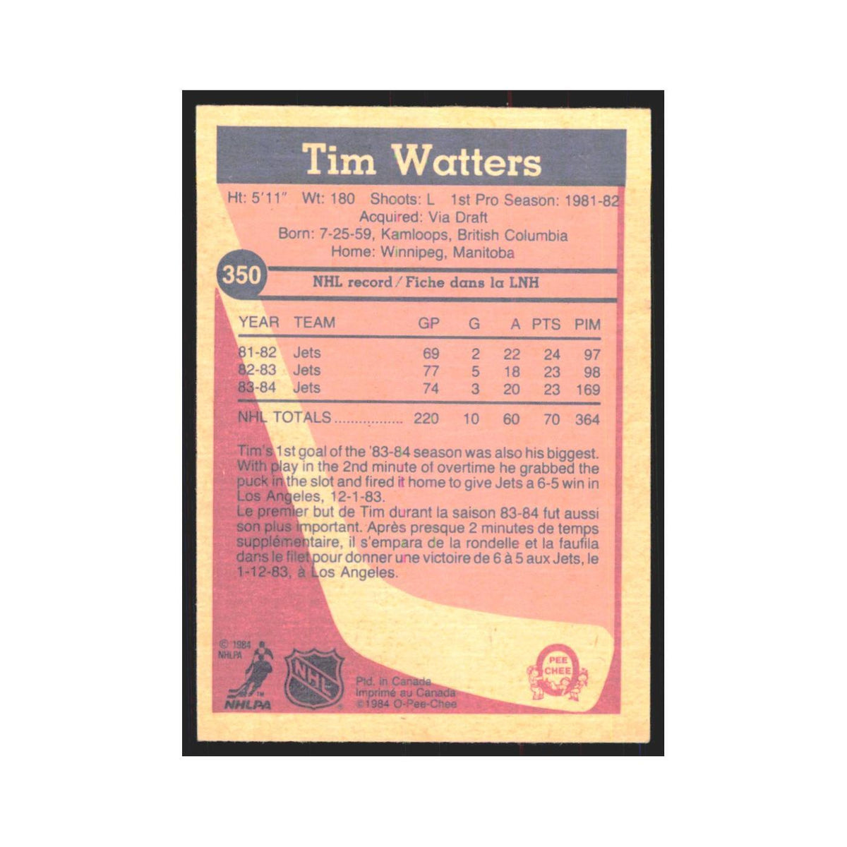 1984 O-Pee-Chee Tim Watters Winnipeg Jets #350