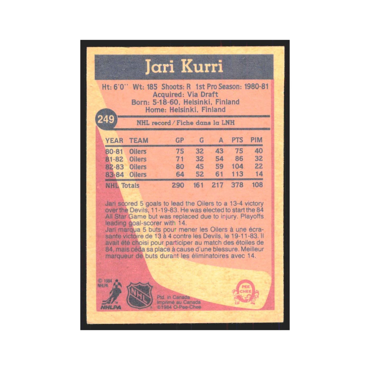 1984 O-Pee-Chee Jari Kurri Edmonton Oilers #249