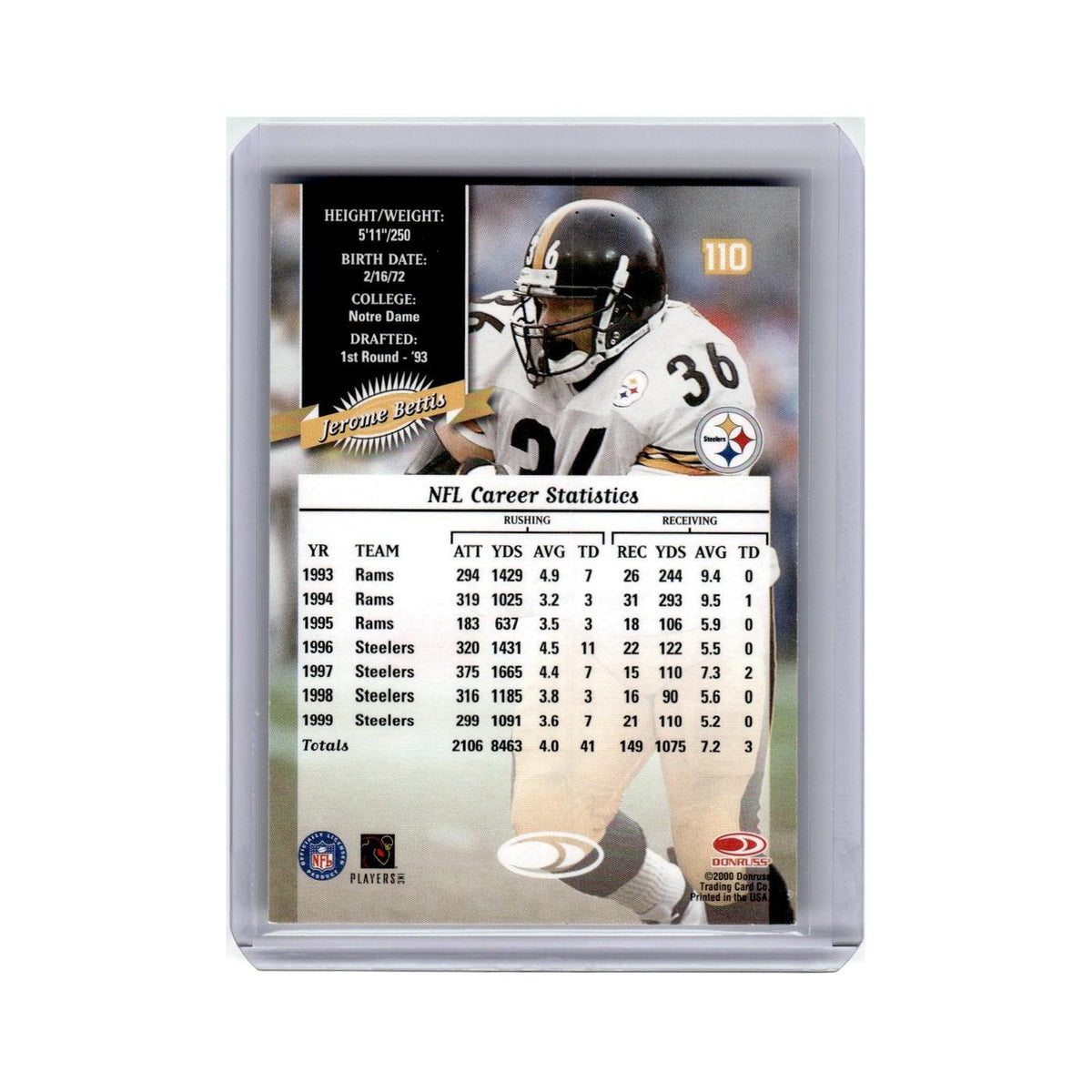 Jerome Bettis 2000 Donruss #110 Pittsburgh Steelers Football Card NM
