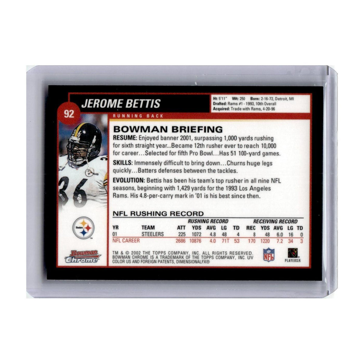 Jerome Bettis 2002 Bowman #92 Pittsburgh Steelers Football Card NM