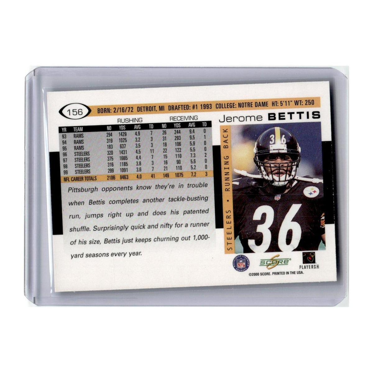 Jerome Bettis 2000 Score #156 Pittsburgh Steelers Football Card NM