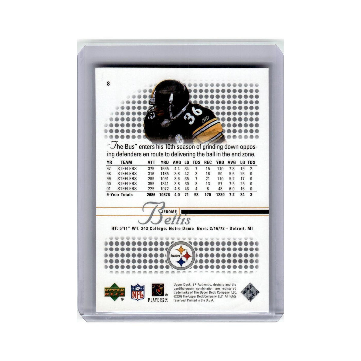 Jerome Bettis 2002 SP Authentic #8 Pittsburgh Steelers Football Card NM