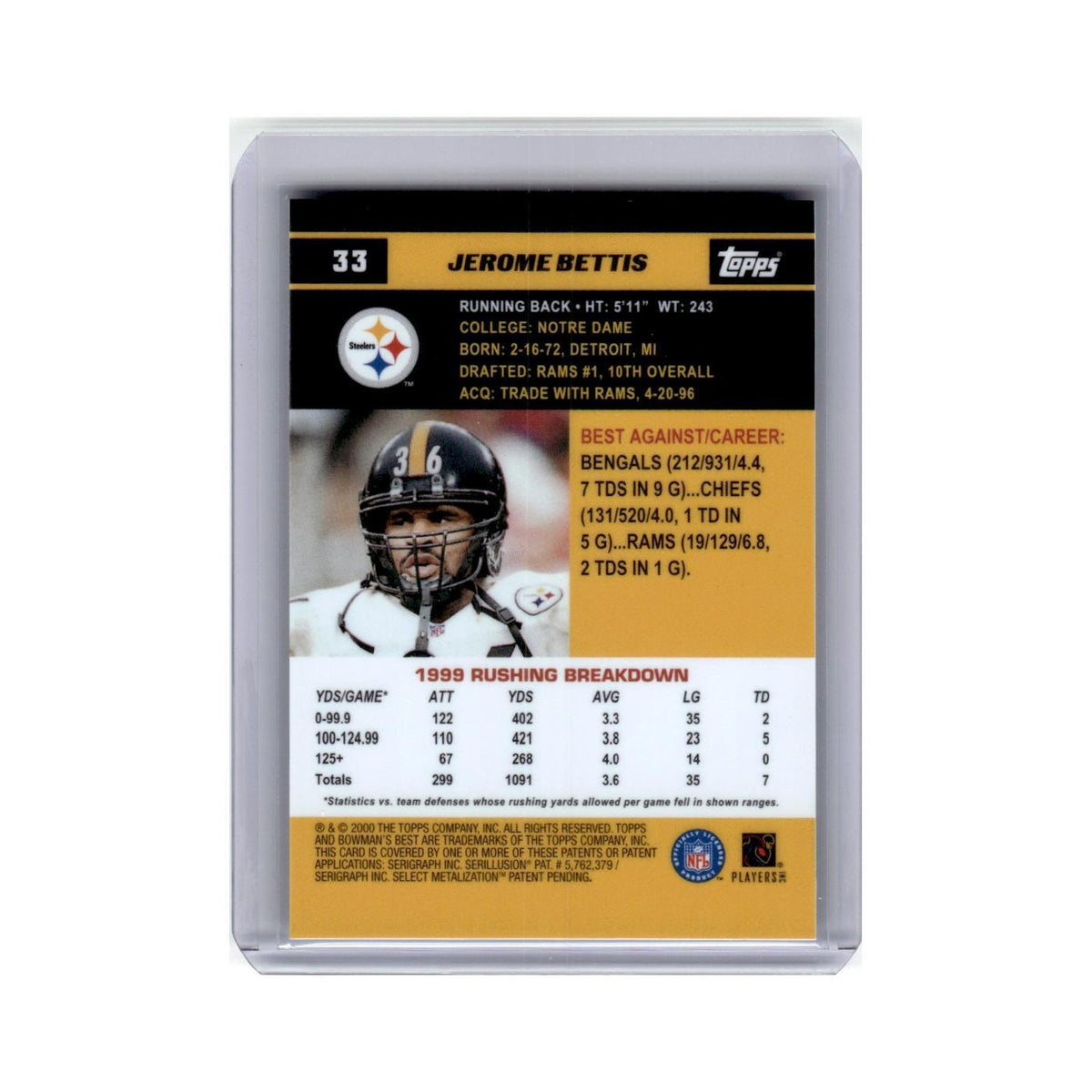 Jerome Bettis 2000 Bowman's Best #33 Pittsburgh Steelers Football Card NM