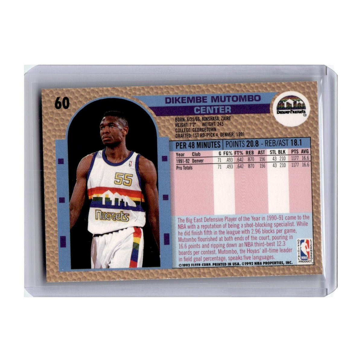 Dikembe Mutombo 1992 Fleer #60 Denver Nuggets Basketball Card NM