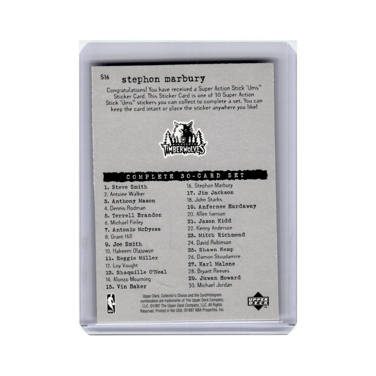 Stephon Marbury 1997 Collector's Choice Super Action Stick-Ums #S16 NM