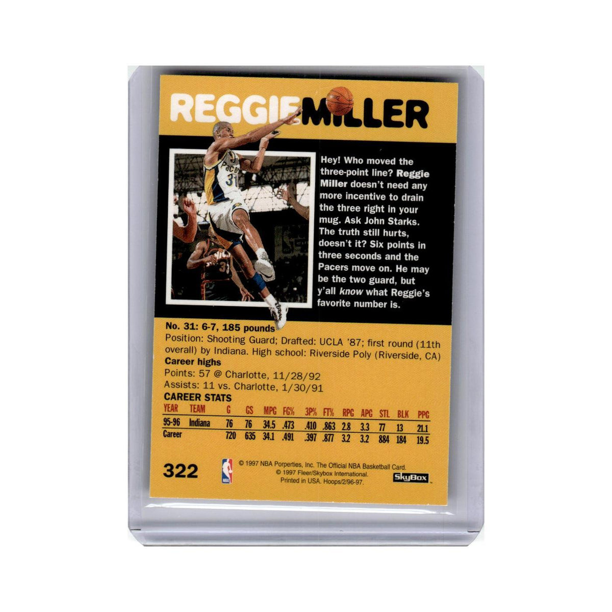 Reggie Miller 1996 SkyBox #322 Indiana Pacers Basketball Card NM