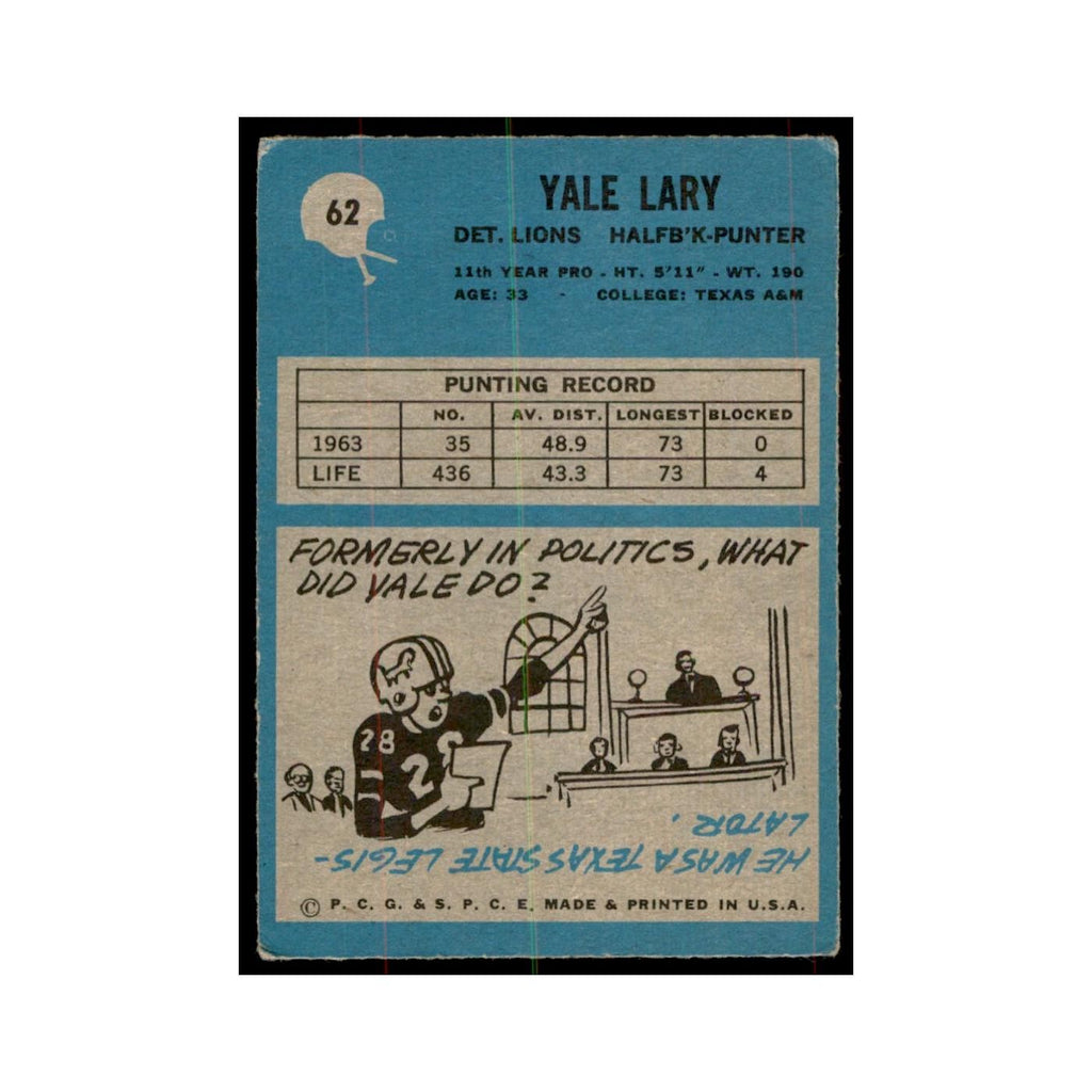 1964 Philadelphia Yale Lary Football Cards #62