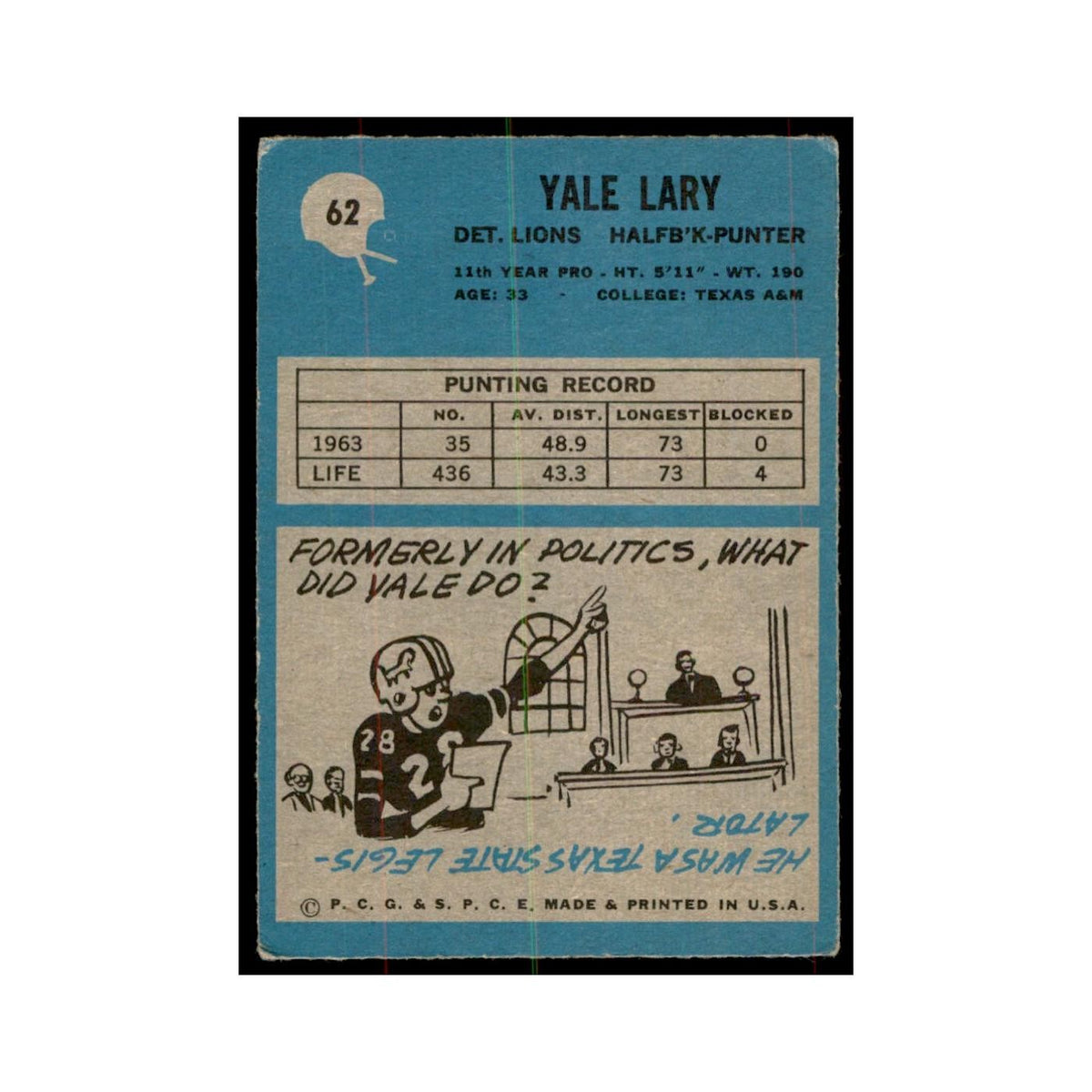 1964 Philadelphia Yale Lary Football Cards #62