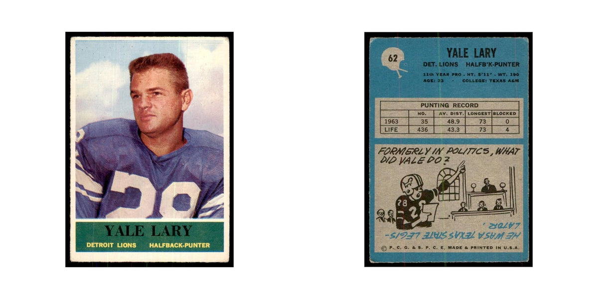 1964 Philadelphia Yale Lary Football Cards #62